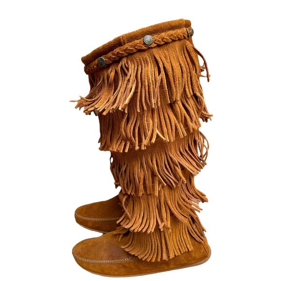 Minnetonka Women’s 5-Layer Fringe Suede Leather Tall Boots Brown Boho Size 11 - Picture 6 of 12